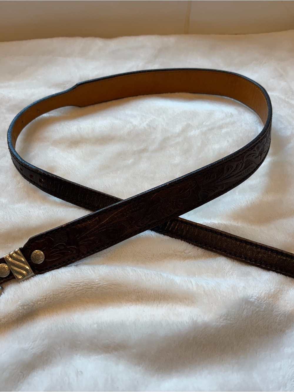 Women's Dark Brown Tooled Leather Belt with German Silver Buckle Genuine Leather